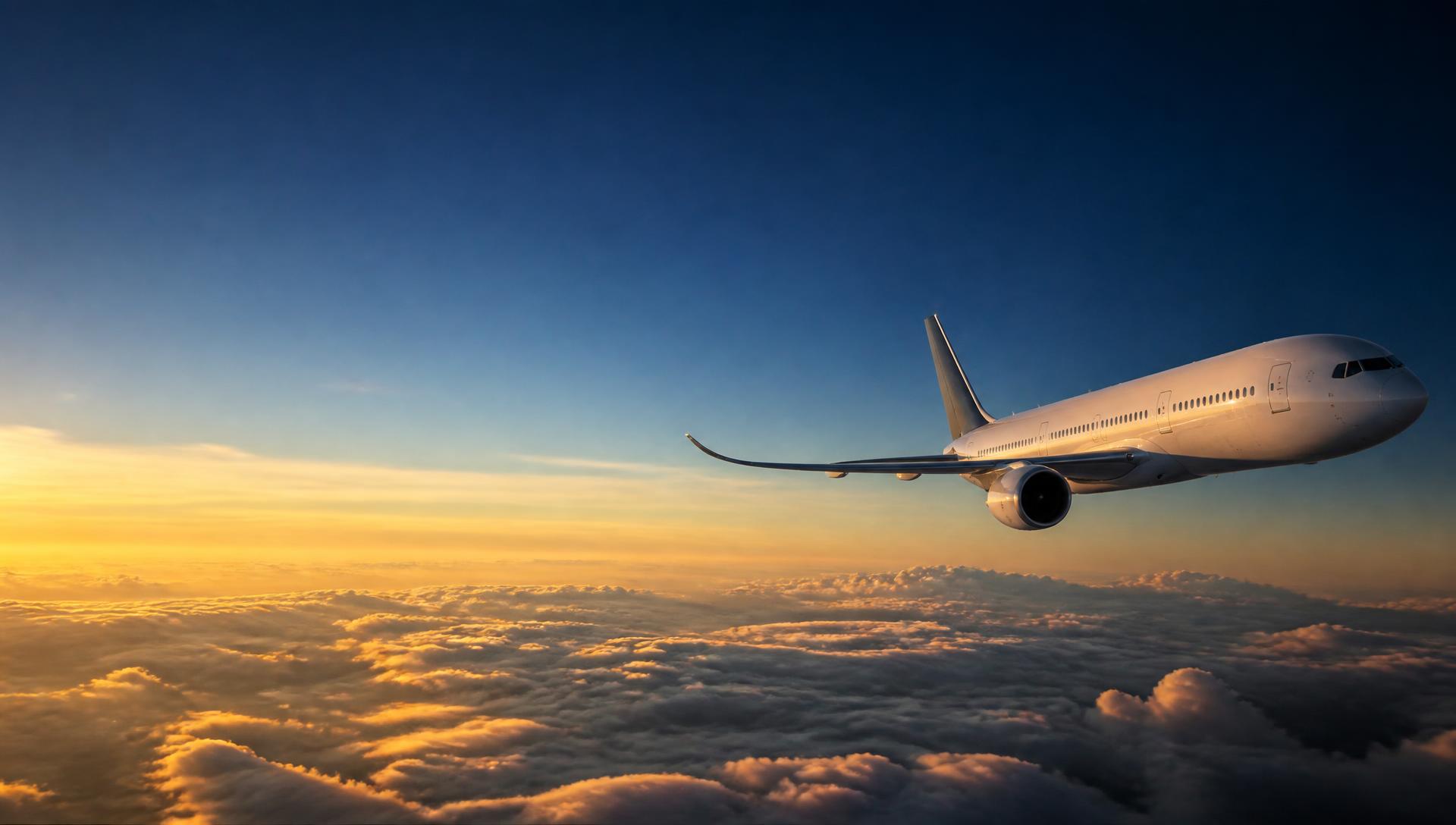 Airliner cruising above golden sunset clouds